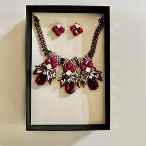 NWT Statement Rhinestone Necklace Red Purple Fuschia and Earrings Gift Set